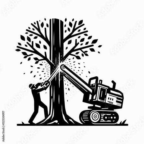 illustration of a person cutting a tree with a chainsaw