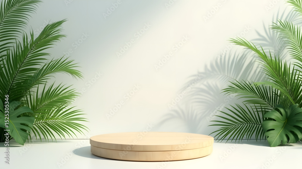 Obraz premium A round wooden display stand on a tropical foliage background