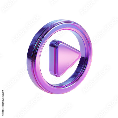 Play button iridescent purple glass design media player icon, isolated on transparent background, perfect cutout, PNG