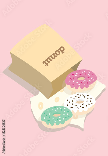Three doughnut in paper bag design mint, tiramisu, and strawberry donut illustration editable for use 