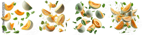 Melon, cantaloupe, melon slices with green leaves flying on transparent background.