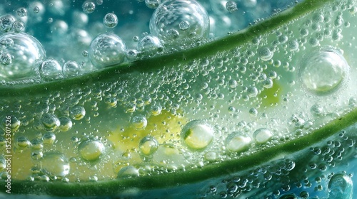 Close-up of a green leaf submerged in sparkling water with bubbles, creating a refreshing atmosphere