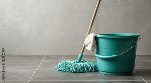  a teal bucket with a white rag photo