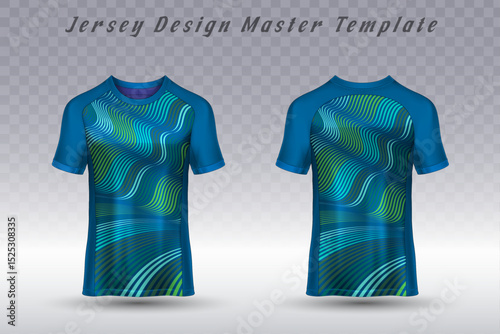 A contemporary athletic jersey template, showcasing front and back views with a fluid blue and green wavy pattern. Ideal for sports team uniforms or dynamic activewear apparel design.