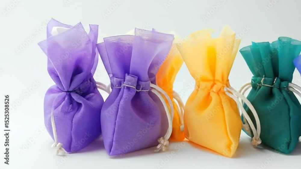 Small, colorful fabric pouches, tied with string.  Various shades of  teal, periwinkle, lavender, and orange