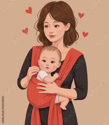 Young woman holding baby in sling with hearts in background  