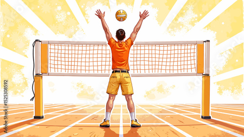 Young man playing volleyball against sunset background on court  