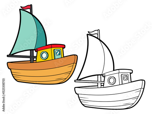 boat illustration, with one colored version and one black and white outline. Ideal for transportation graphics or coloring pages.