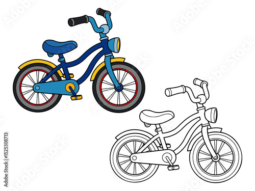 bicycle illustration, with one colored version and one black and white outline. Ideal for transportation graphics or coloring pages.