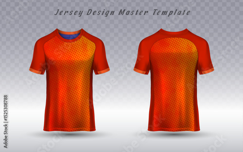 A vibrant athletic jersey template, showcasing front and back views with a fiery red-orange gradient and subtle halftone pattern. Ideal for sports team uniforms or activewear apparel design.