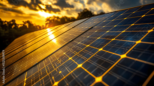 Sunlight transforms into clean electricity via photovoltaic solar panels on a roadside power plant