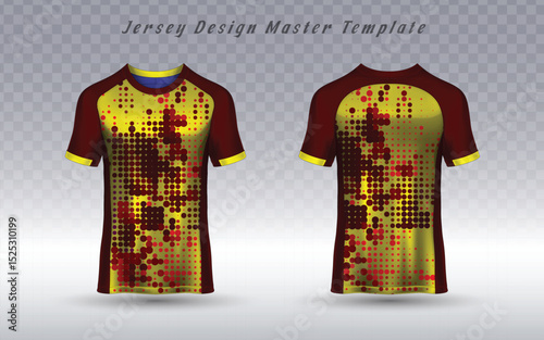 A bold athletic jersey template, showcasing front and back views with a striking pixelated dot pattern in maroon, yellow, and red. Ideal for sports team uniforms or activewear apparel design.