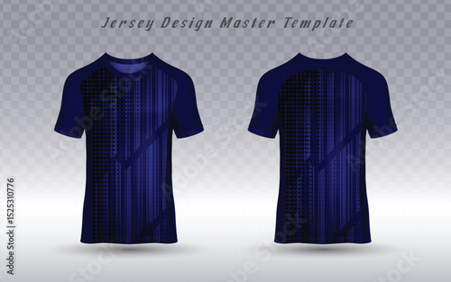 A sleek athletic jersey template, showcasing front and back views with a dark blue and purple abstract pattern. Ideal for sports team uniforms or dynamic activewear apparel design.