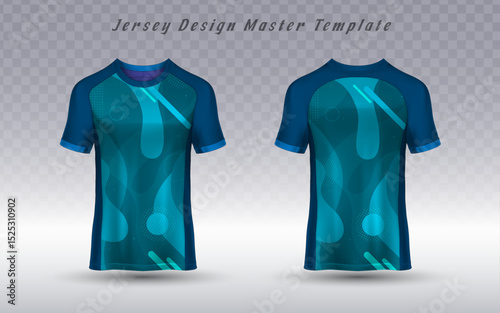 A dynamic athletic jersey template, showcasing front and back views with a striking navy blue and aqua abstract pattern. Ideal for sports team uniforms or activewear apparel design.