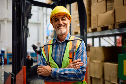 Confident forklift operator at work looking at camera.