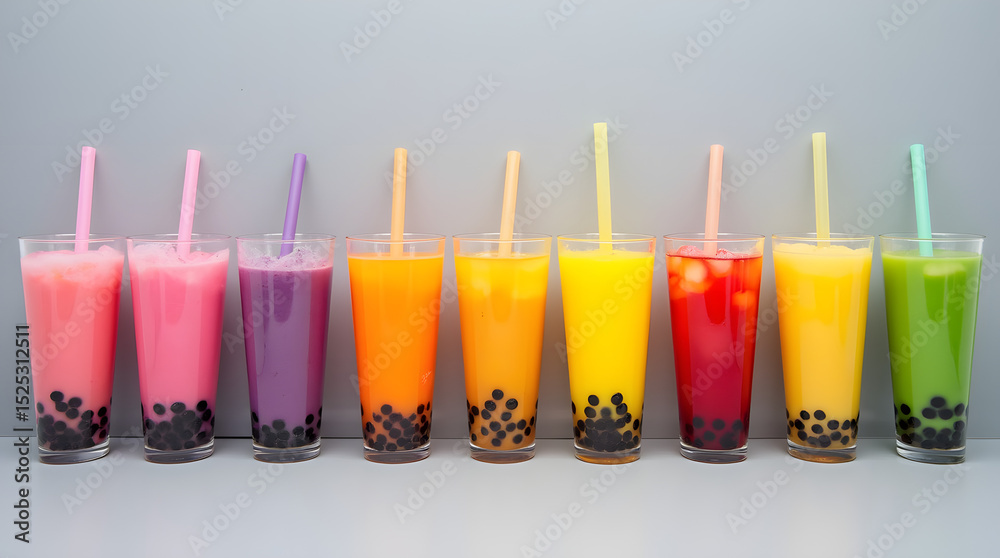 Fototapeta premium a glass cup filled with colorful tea, with tapioca pearls at the bottom