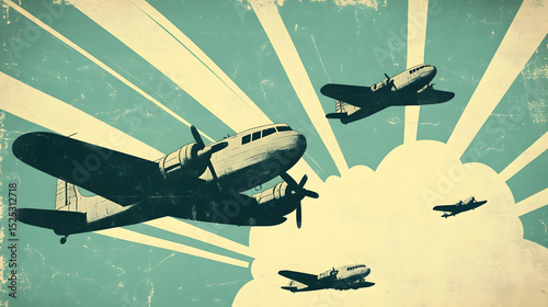 Vintage aviation propaganda poster showcasing multiple propeller aircraft formations