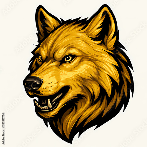 Vector illustration of a fierce golden wolf head with sharp details and bold expression. Perfect for logos, sports mascots, or graphic designs with a wild animal theme. photo