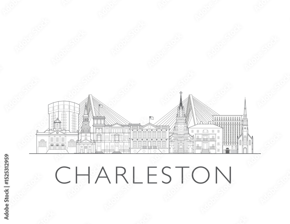 Fototapeta premium Charleston, South Carolina cityscape illustration skyline drawing