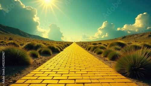 Lonely yellow brick road stretches into distance, sky, texture, journey