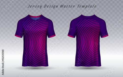 A dynamic athletic jersey template, showcasing front and back views with a vibrant purple and pink gradient ripple pattern. Ideal for sports team uniforms or activewear apparel design.