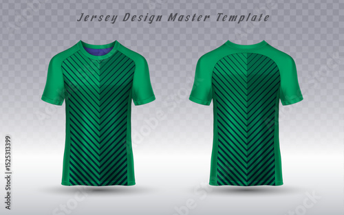  dynamic athletic jersey template, showcasing front and back views with a bold green and black chevron pattern. Ideal for sports team uniforms or activewear apparel design.

