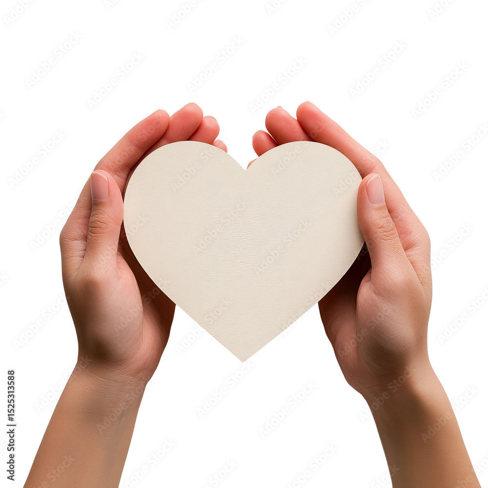 Fototapeta premium A pair of gentle hands cradle a blank heart shape, a tender gesture of love, care, and compassion, perfect for conveying messages of affection and support.
