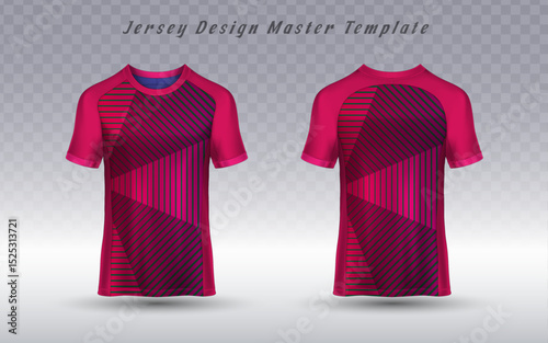 A striking sports jersey in vibrant maroon and fuschia, featuring a modern geometric design with diagonal lines and bold color blocking. Ideal for team kits and athletic apparel.