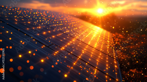 Sunset over Solar panel with glowing abstract lights and festive golden energy