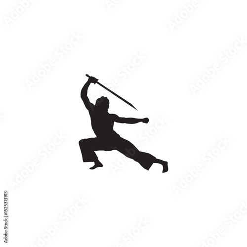 Silhouette of a martial artist performing sword strike stance isolated on white background