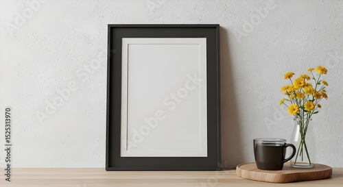 Black Frame Mockup on White Textured Wall with yellow Flowers and Coffee