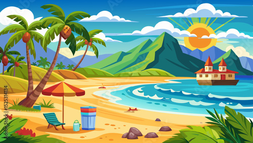 Tropical beach with palm trees, ocean waves, sun umbrellas and mountains under a bright sunny sky