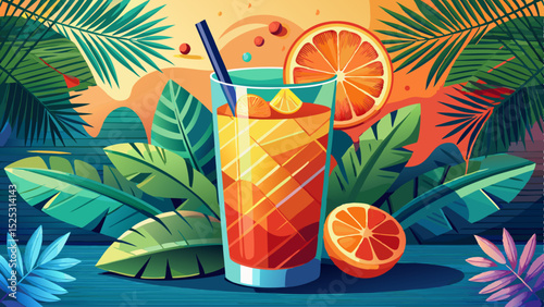 Tropical fruit cocktail with ice cubes, orange slices and colorful straws on a vibrant exotic background