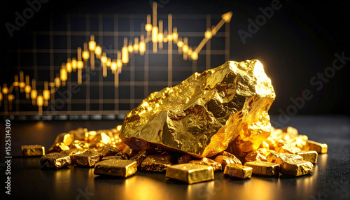 Raw Pure Gold Ore on Black Background with Fluctuating Gold Price Graph – Concept of Precious Metal Mining, Investment, and Market Volatility