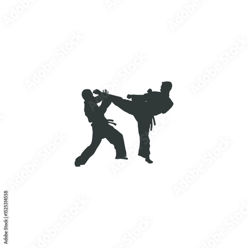 Karate black silhouettes fighting in dojo kickboxing martial arts tournament training