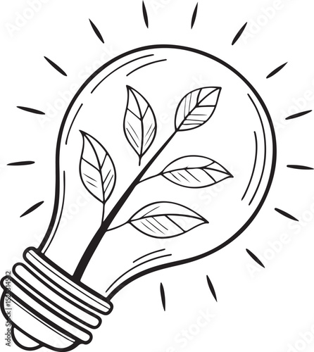 A hand-drawn illustration of a lightbulb with leaves inside, symbolizing eco-friendly ideas and sustainable energy solutions.