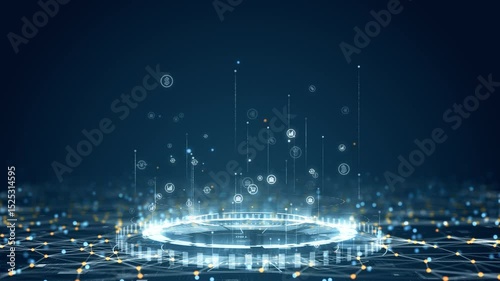 Motion graphic of rising financial icons on glowing digital grid with seamless tech