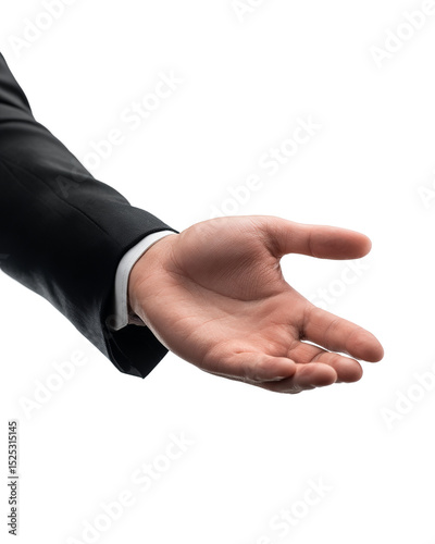 An outstretched hand of a person in a suit is offered. A gesture of business and offer. Expressing openness and willingness to engage. 