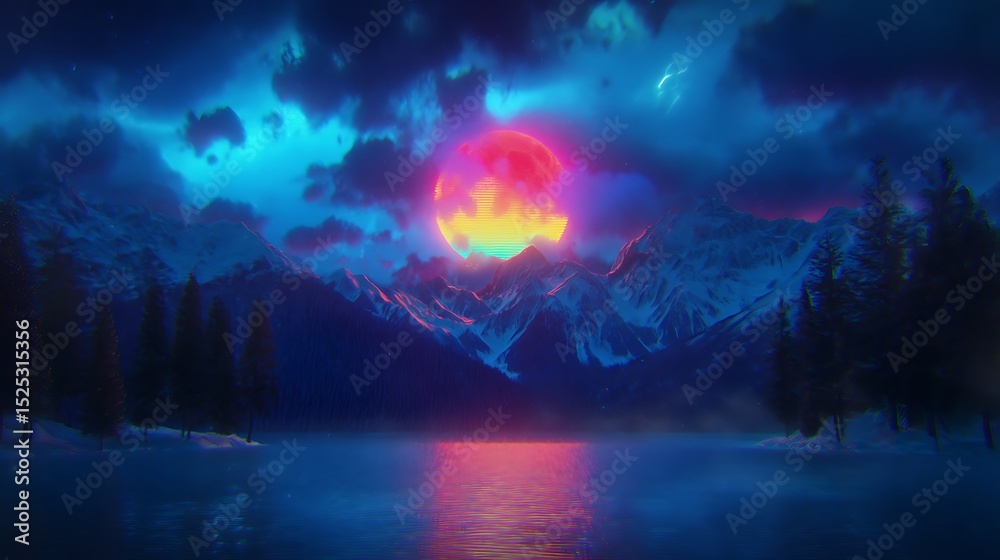 Naklejka premium Synthwave sunset reflecting on a mountain lake