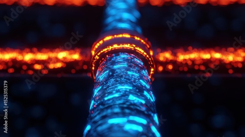 Futuristic glowing blue and orange fiber optic cables intersect in a dark, high-tech digital environment.
