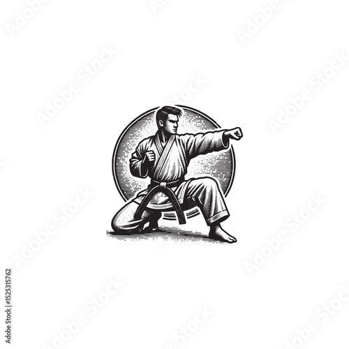 Karate practitioner in stance engraving style martial arts illustration black and white
