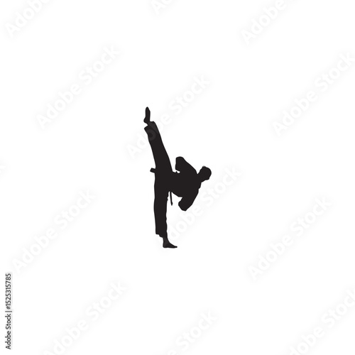Black silhouette of a karate master kicking high on white background