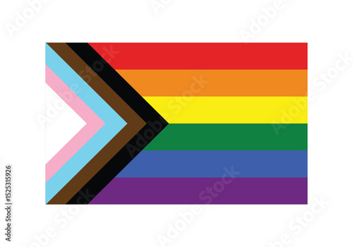 Progress Pride Flag, six stripe rainbow design (red, orange, yellow, green, blue, violet), variation adds a chevron along the hoist that features black, brown, light blue, pink, white stripes, LGBTQ+
