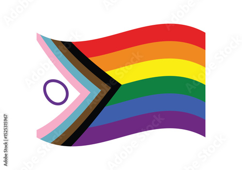 Progress Pride Flag, six stripe rainbow design (red, orange, yellow, green, blue, violet), variation adds a chevron along the hoist that features black, brown, light blue, pink, white stripes, LGBTQ+
