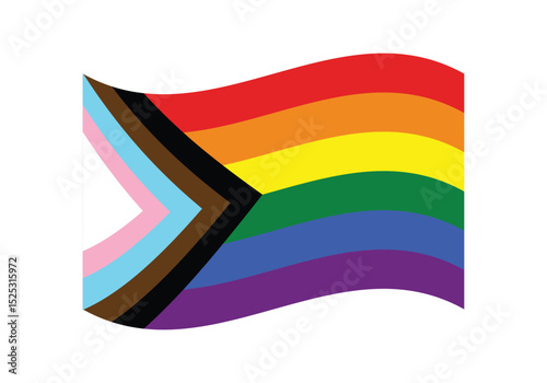 Progress Pride Flag, six stripe rainbow design (red, orange, yellow, green, blue, violet), variation adds a chevron along the hoist that features black, brown, light blue, pink, white stripes, LGBTQ+
