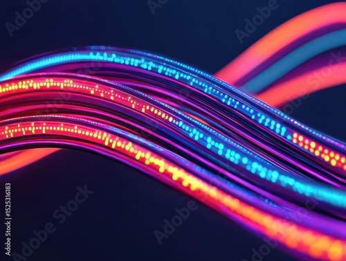 Colorful glowing fiber optic cables with vibrant blue, pink, and orange light streaks on a dark background.
