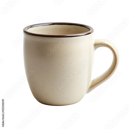 A simple, elegant, ceramic mug of light beige with a dark rim sits isolated against a soft background. The mug's design evokes a sense of tranquility.