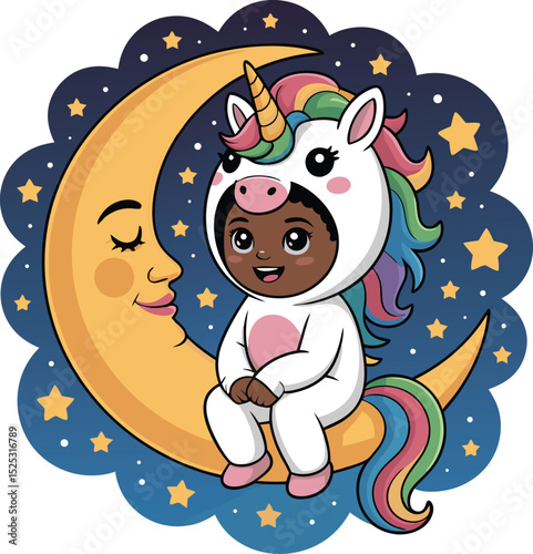Toddler in an adorable unicorn costume sits on a crescent moon against a starry night sky.