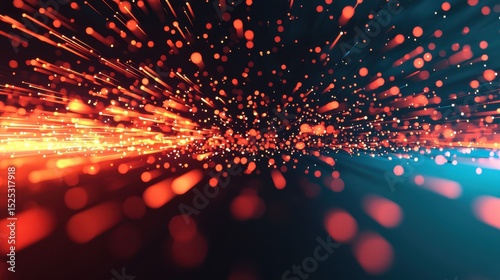 Abstract light particles burst outward on a dark background, creating a dynamic and vibrant visual effect.