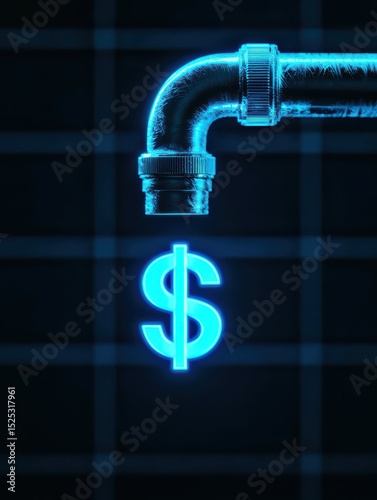 A metallic faucet drips a glowing blue dollar sign, symbolizing financial flow and utility costs.